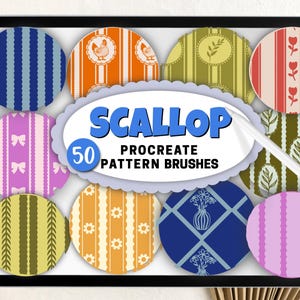 May include: A digital tablet displays a collection of 50 Procreate pattern brushes. The brushes are arranged in colorful, circular designs with various patterns, including stripes, floral, and geometric shapes. The word "Scallop" is prominently displayed.