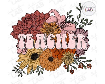 Könnte beinhalten: Eine rosa und weiße Grafik mit dem Wort "TEACHER" und einem floralen Design mit roten, orangefarbenen und gelben Blumen.