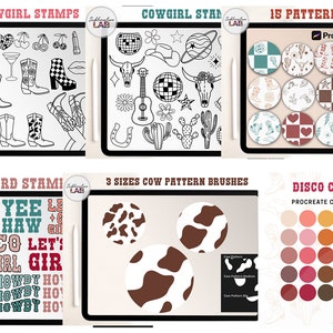 May include: A digital illustration set featuring cowgirl-themed graphics, including stamps, patterns, and a color palette. The set includes words like "Yee Haw", "Disco Cowgirl", and "Howdy Ho!" in various colors and fonts. The graphics are designed for use in digital art and design projects.