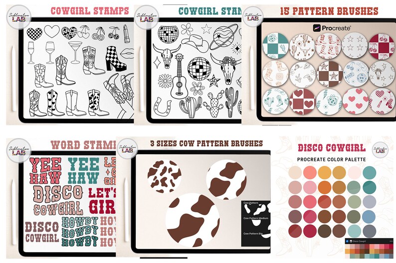 May include: A digital illustration set featuring cowgirl-themed graphics, including stamps, patterns, and a color palette. The set includes words like "Yee Haw", "Disco Cowgirl", and "Howdy Ho!" in various colors and fonts. The graphics are designed for use in digital art and design projects.