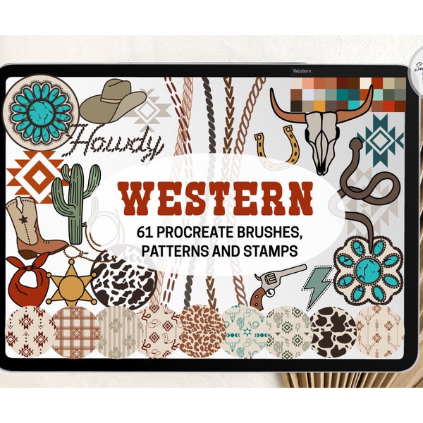 Western Procreate Brushes and Stamps Wild West Cowboy Aztec | Leather Brush Rope Stitch Brush Pattern Procreate Bundle