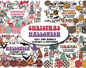 Christmas Halloween Clipart Bundle and Seamless Patterns PNG. Coquette, Western, Groovy Christmas, Halloween. Digital Download