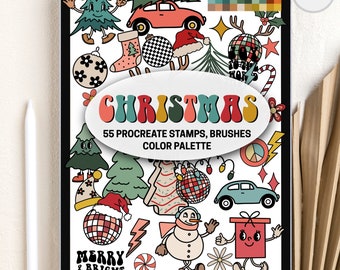 Procreate Christmas Stamps, Pattern Brushes and Color Palette | Christmas Procreate Bundle Groovy Retro Christmas Tree Stamps