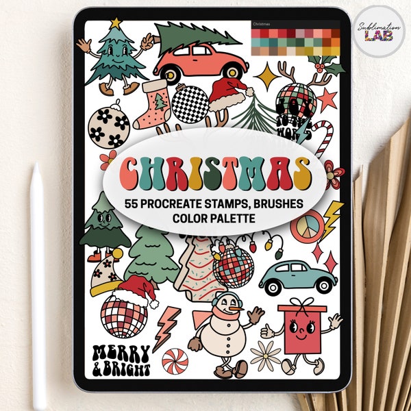 Procreate Christmas Stamps, Pattern Brushes and Color Palette | Christmas Procreate Bundle Groovy Retro Christmas Tree Stamps