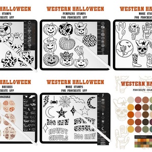 May include: A set of digital stamps and brushes for the Procreate app featuring a Western Halloween theme. The designs include ghosts, pumpkins, cacti, skulls, boots, stars, moons, and more. The color palette includes shades of brown, orange, green, and white.