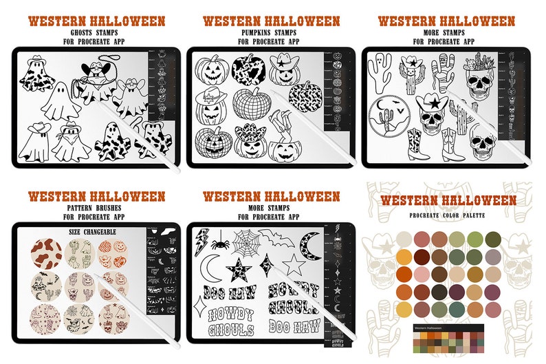 May include: A set of digital stamps and brushes for the Procreate app featuring a Western Halloween theme. The designs include ghosts, pumpkins, cacti, skulls, boots, stars, moons, and more. The color palette includes shades of brown, orange, green, and white.