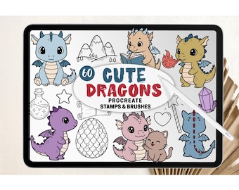 Cute Dragons Procreate Stamps & Brushes | Kawaii Dragon Fantasy Baby Shower Birthday Procreate Coloring