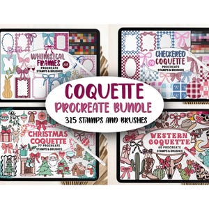 Peut inclure: Un ensemble d'art numérique comprenant quatre ensembles de tampons et de pinceaux Procreate : Whimsical Frames, Checkered Coquette, Christmas Coquette et Western Coquette. Le lot comprend 315 tampons et pinceaux, présentés sur un écran de tablette.