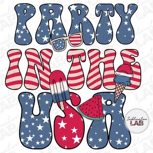 Fiesta en los EE. UU. PNG Diseño de sublimación / 4 de julio Patriótico Popular American Groovy Tshirt Diseño Hippie Boho Retro Día de la Independencia