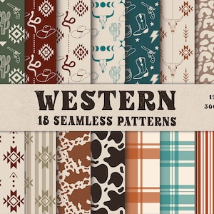 Western Seamless Patterns PNG Digital Paper 12x12 | Dziki Zachód Tło Impreza Scrapbook Paper Bundle Cowboy Cowhide Leopard Aztec Plaid