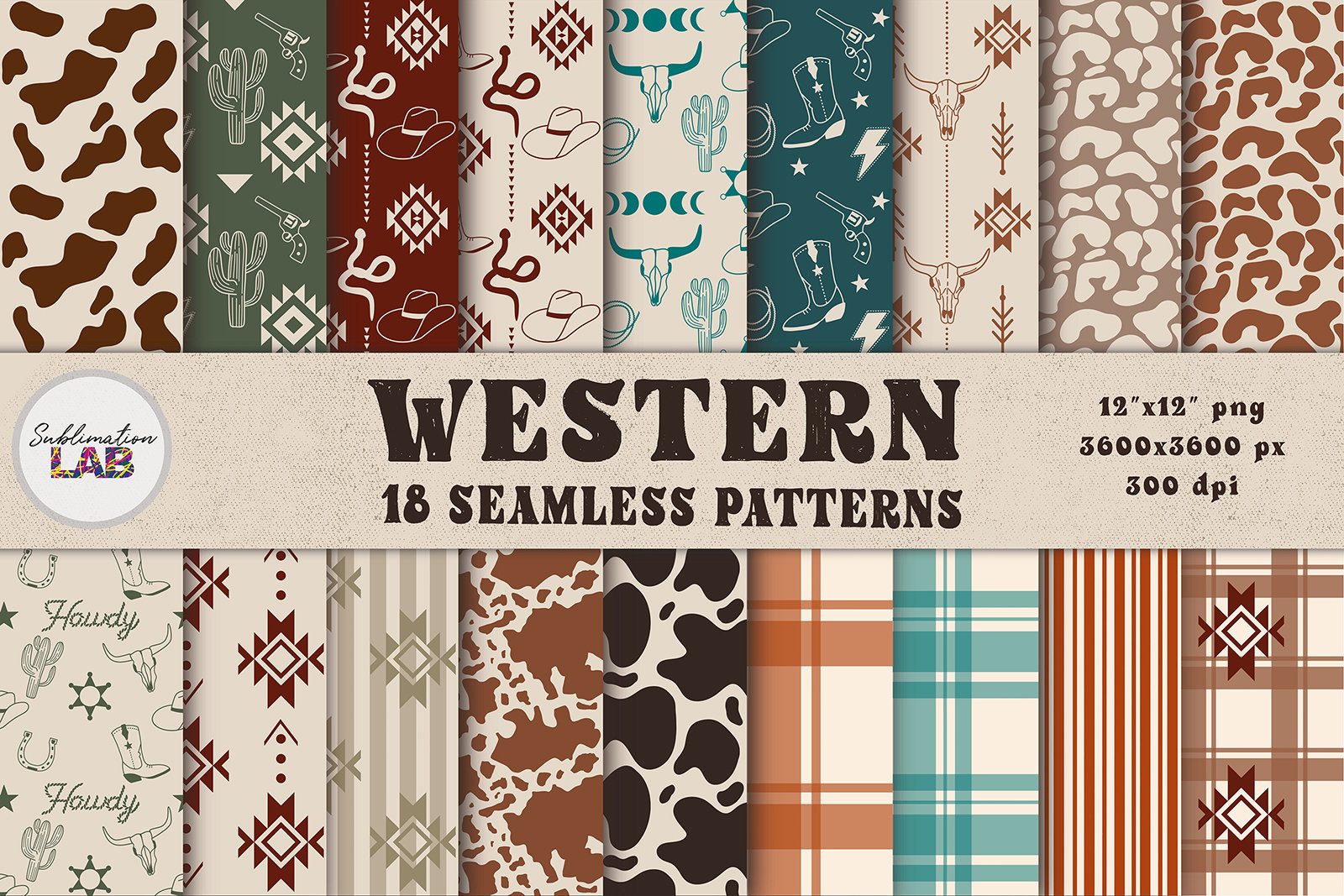 Western Seamless Patterns PNG Digital Paper 12x12 | Wild West Background Party Scrapbook Paper Bundle Cowboy Cowhide Leopard Aztec Plaid