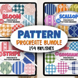May include: A digital art bundle featuring 194 Procreate pattern brushes. The set includes brushes labeled "Bloom," "Scallop," "Stripe," and "Gingham," each with a variety of patterns in different colors and styles, displayed on digital tablets.