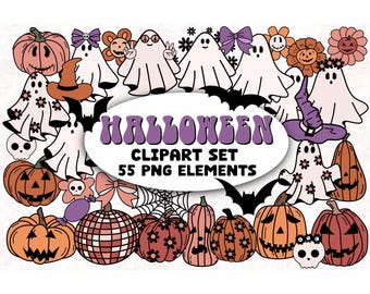 Groovy Halloween Clipart PNG: Spooky Ghost, Pumpkin, Bow (Digital Download)