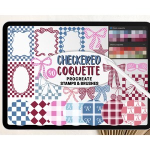 May include: A tablet screen displaying digital art, showcasing 90 Procreate stamps and brushes with a "Checkered Coquette" theme. Designs include checkered patterns, bows, and frames in pink, blue, and burgundy. A stylus is also visible.