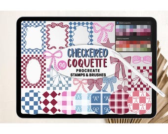 Checkered Coquette Procreate Stamp & Brush Set – 90 Gingham Bows, Frames, Patterns, Palette – iPad Drawing