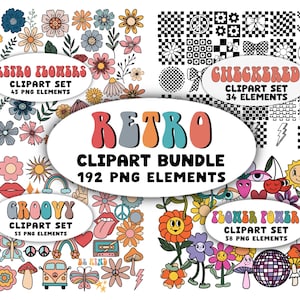 Retro Clipart Bundle PNG - Checkered Groovy Retro Flowers Daisy Flower Characters Bows Bolt Clip Art - Hippy Boho Elements Transparent PNG
