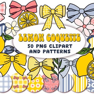 Citron coquette noeuds Clipart PNG, sans couture motifs Clipart preppy été citron bleu rose rubans rétro cadres, carreaux vichy rayures