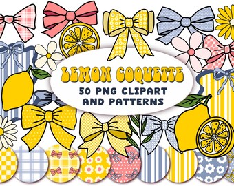 Lemon Coquette Bows Clipart &Patterns PNG: Summer Patterns, Retro Ribbons (Digital Download)