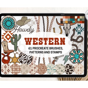 May include: A digital illustration of 61 western-themed Procreate brushes, patterns, and stamps. The image features a variety of designs, including cacti, horseshoes, cowboy hats, and skull and crossbones. The text "Howdy" and "WESTERN" are also included in the image.