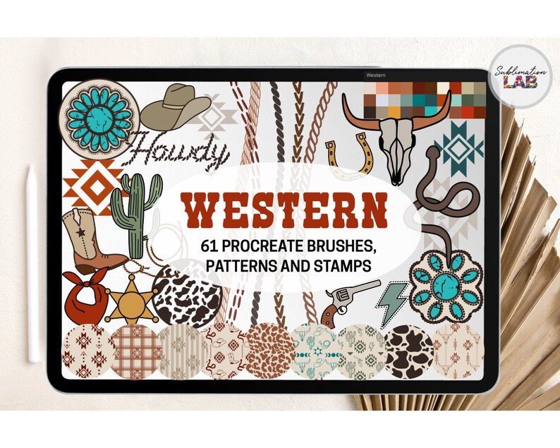 May include: A digital illustration of 61 western-themed Procreate brushes, patterns, and stamps. The image features a variety of designs, including cacti, horseshoes, cowboy hats, and skull and crossbones. The text "Howdy" and "WESTERN" are also included in the image.