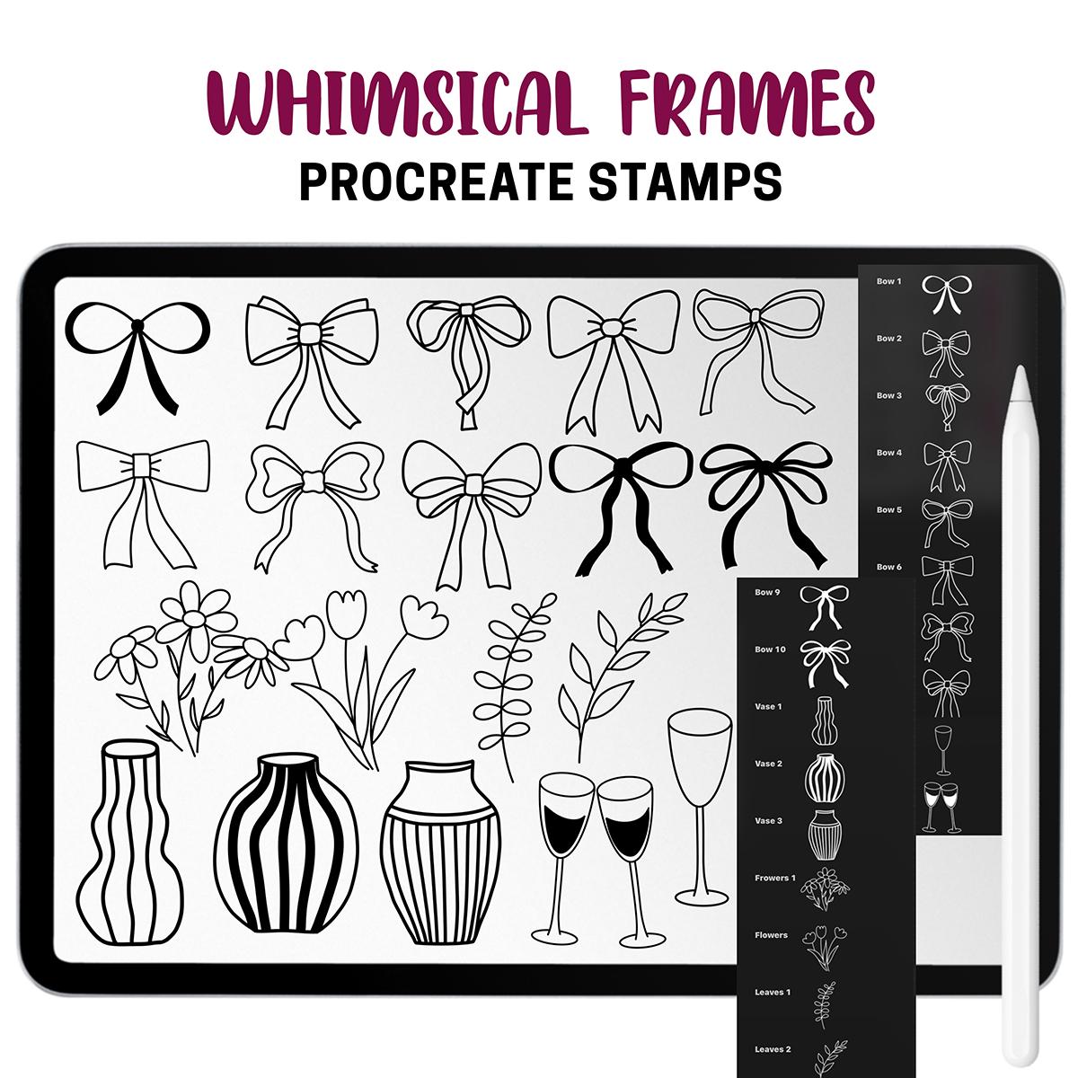 Whimsical Frames Procreate Stamps & Brushes | 88 Ribbon Bows, Pattern ...
