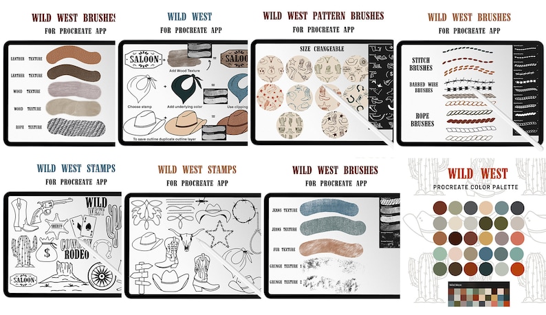 May include: A digital illustration set for Procreate app featuring Wild West themed brushes, stamps, and a color palette. The set includes various textures, patterns, and designs, such as leather, wood, rope, cacti, and saloon signs.