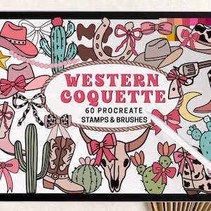 Sellos Procreate de Western Coquette, pinceles, lazos, vaquera/paquete Procreate, despedida de soltera, botas vaqueras retro con mucho estilo western, sombrero y cuerda