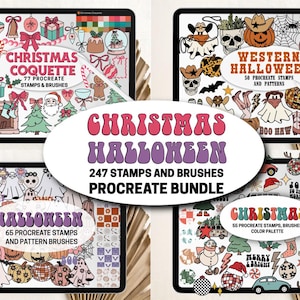 Pode incluir: Um pacote Procreate com carimbos e pincéis com temas de Natal e Halloween. O pacote inclui 247 carimbos e pincéis, com conjuntos para Christmas Coquette, Western Halloween e outros. Cada conjunto é exibido em um tablet.