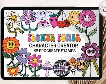 Procreate Retro Flower Stamps | Daisy Cartoon Flowers Procreate Brushes