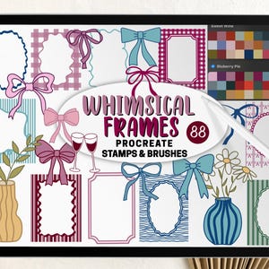 May include: A tablet screen displays digital art, including whimsical frames, bows, vases, and floral designs. The text "WHIMSICAL FRAMES 88 PROCREATE STAMPS & BRUSHES" is visible. A stylus rests on the screen, presenting a range of colourful designs.