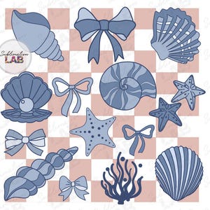 Conchas marinas, lazo, PNG, verano, cuadros, vacaciones en la playa, conchas marinas azules costeras, diseño popular de camiseta de moda, descarga digital
