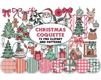 Christmas Coquette Clipart & Patterns Set: PNG Whimsical Girly Preppy Christmas Elements - Digital Download