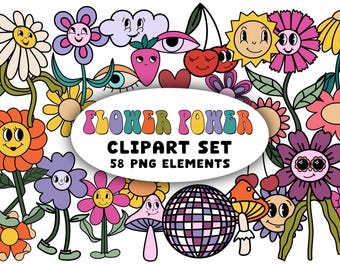 Clipart di fiori retrò groovy PNG: elementi scarabocchiati dei personaggi dei cartoni animati degli anni '70 (download digitale)