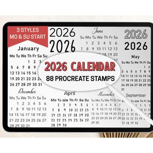 Calendário Procreate Stamps 2026 Pincéis Domingo Segunda-feira Início 3 Estilos Digital Planner Creator Set Bullet Journal Calendário