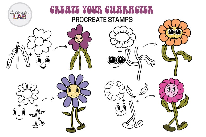 Procreate Retro Flower Stamps | Daisy Cartoon Flowers Procreate Brushes ...