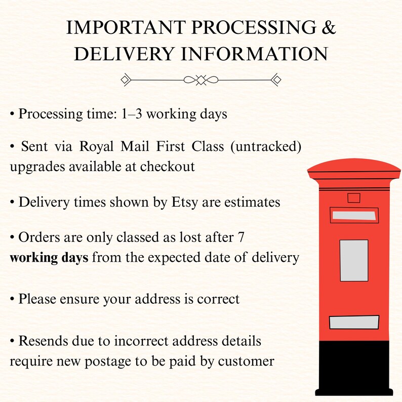 Puede incluir: Imagen con texto: INFORMACI&Oacute;N IMPORTANTE SOBRE PROCESAMIENTO Y ENTREGA. Detalles sobre el tiempo de procesamiento, Royal Mail, estimaciones de entrega, pedidos perdidos, exactitud de la direcci&oacute;n y reenv&iacute;os. Un buz&oacute;n rojo est&aacute; a la derecha.