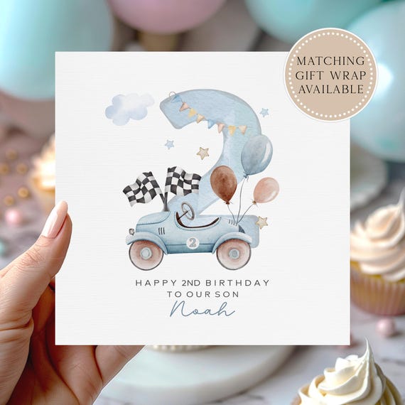 Boys race car 2nd Birthday card - Personalised birthday card for Son, Grandson or Nephew