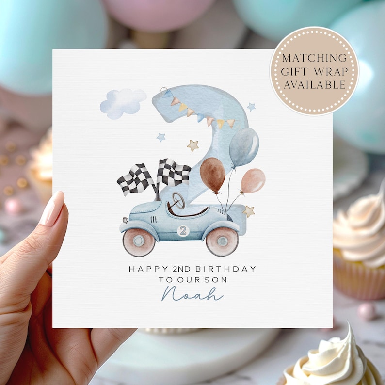 Boys race car 2nd Birthday card - Personalised birthday card for Son, Grandson or Nephew