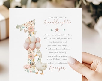 Tarjeta de primer cumpleaños de Girl's Goose: tarjeta de primer cumpleaños personalizada para hija, nieta o sobrina