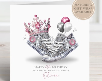 Tarjeta de cumpleaños personalizada para niñas: tarjeta personalizada con forma de zapato de lona para hija, nieta o sobrina de cualquier edad.