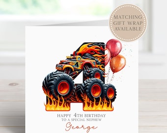 Monster truck 4th birthday card - Personalised card for Son, Grandson or Nephew