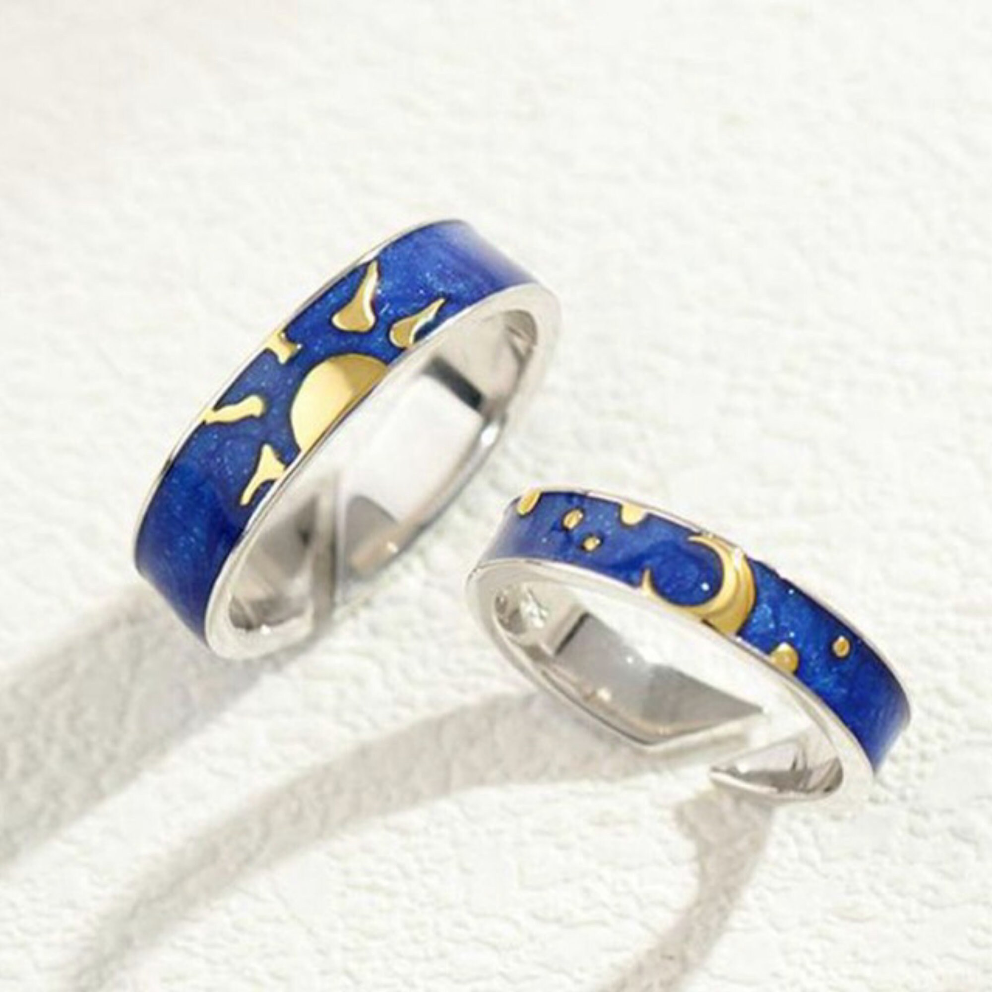 Romantic Blue Van Gogh's Sky Rings Couple Stainless Steel Star Moon Promise Engagement Wedding Band for Men Women 