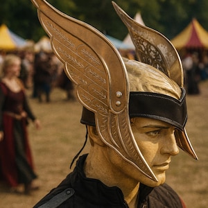 May include: A golden helmet with large, stylized wings, worn by a mannequin. The helmet has a black leather band and is part of a costume. The mannequin is wearing a black quilted vest over a red shirt.
