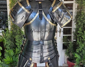 Medieval Knight Black Armor Chest Plate, Steel Cuirass with Pauldrons & Tassets, Roman Fantasy Armor LARP SCA HalloweenRen Faire Costume