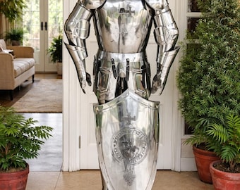Medieval Knight Armor with Shield Full Suit of Armor Replica Templar Crusader Decor Gothic Metal Knight Sculpture Home Entryway Display