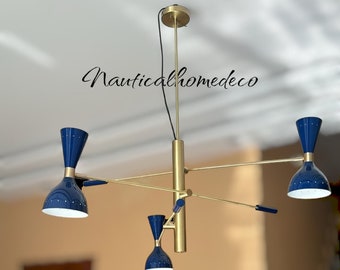 Lampadario moderno regolabile Triennale a 3 bracci in ottone stile Stilnovo tre tonalità di blu - Lampada Sputnik realizzata a mano Lampadario a luce italiana