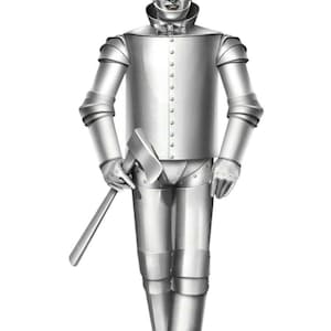 May include: A silver robot with a funnel-shaped hat and an axe. The robot is wearing a silver suit with rivets and is standing with its legs slightly apart.