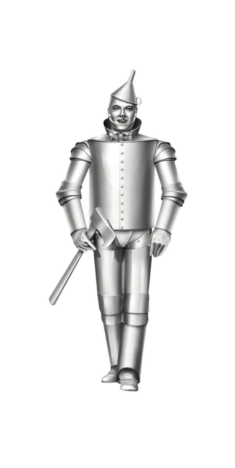 May include: A silver robot with a funnel-shaped hat and an axe. The robot is wearing a silver suit with rivets and is standing with its legs slightly apart.