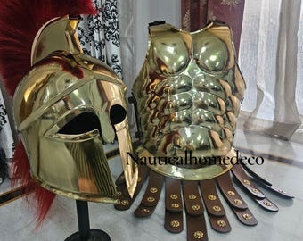Corinthian Greek Roman Muscle Armor - Breastplate with Leather Belt & Helmet Replica for Cosplay Renaissance LARP Halloween Costume Gift