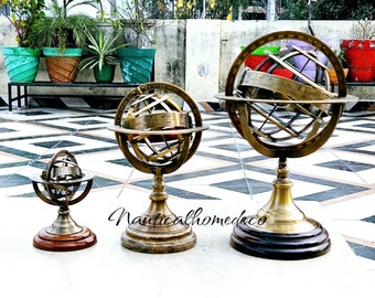 Antique Brass Armillary Sphere Globe on Wooden Base, Elegant Table & Desk Top Nautical Home Decor, Home And Office Gift -Thanksgiving Gift
